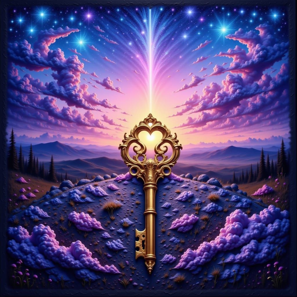Ornate Golden Key in Ethereal Twilight Sky