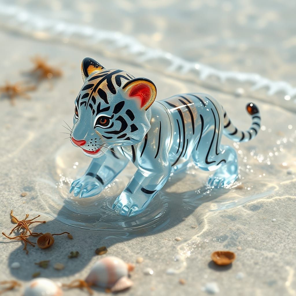 Glass Tiger Cub Plays at Beach, Anime-Inspired 3D Art