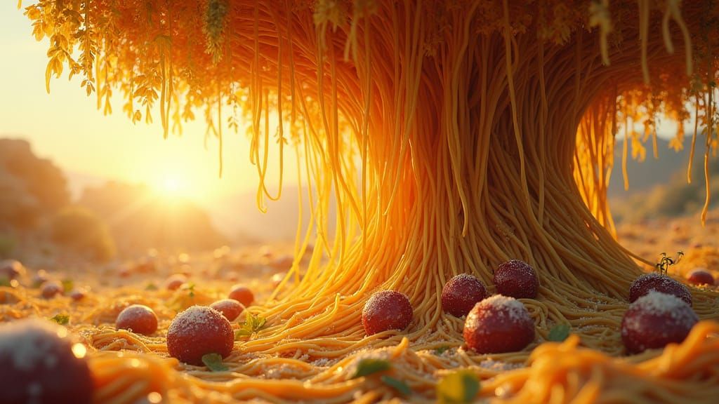 Surreal Spaghetti Tree with Meatballs in Fantasy Landscape
