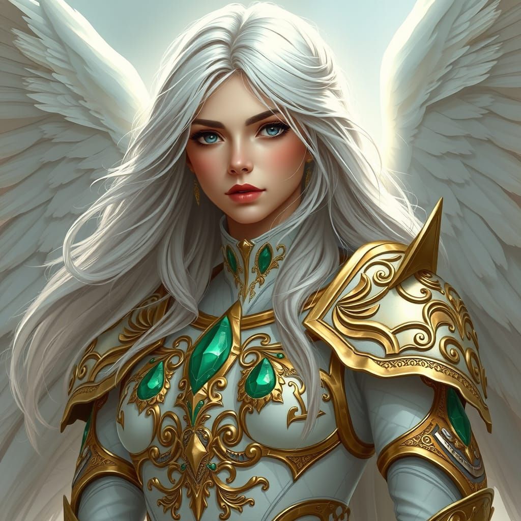 Ethereal Female Angel in Golden Armor, Serene and Confident