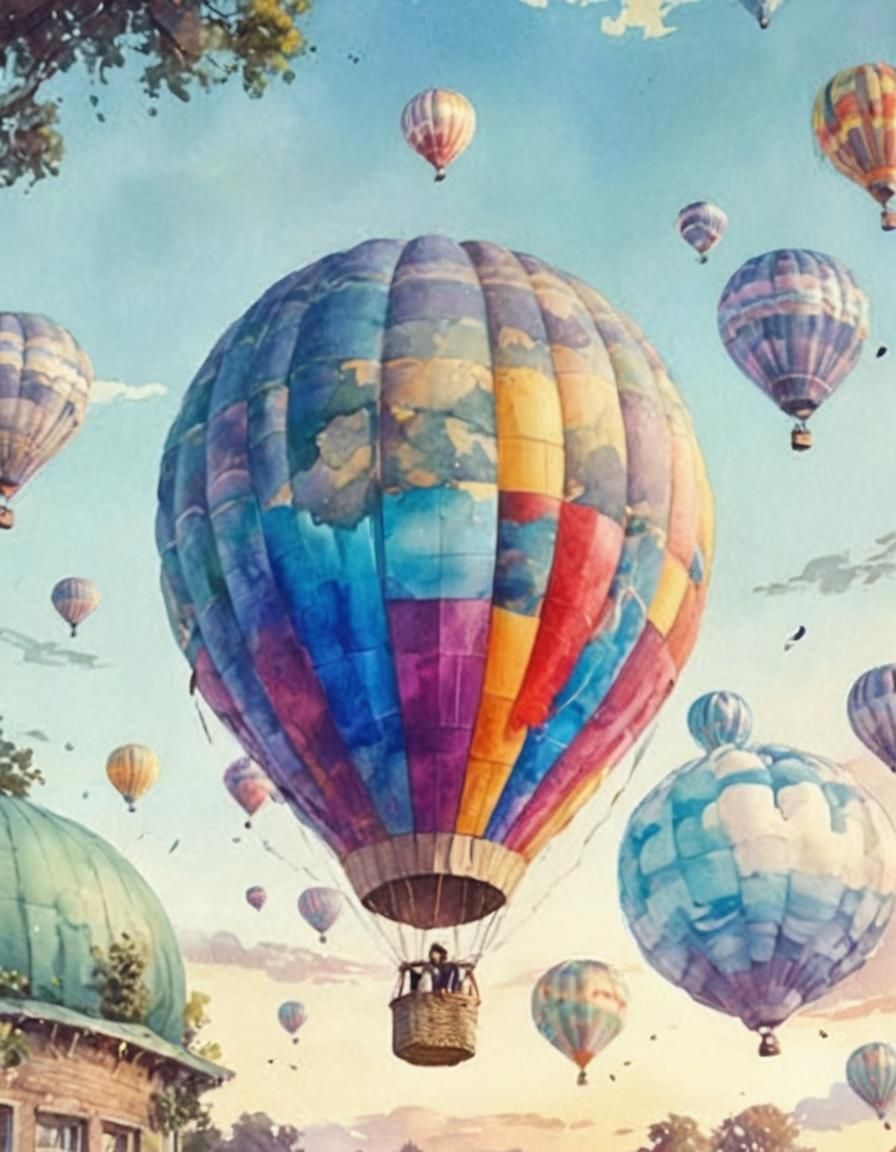 Watercolor Hot Air Balloon Over Serene Landscape