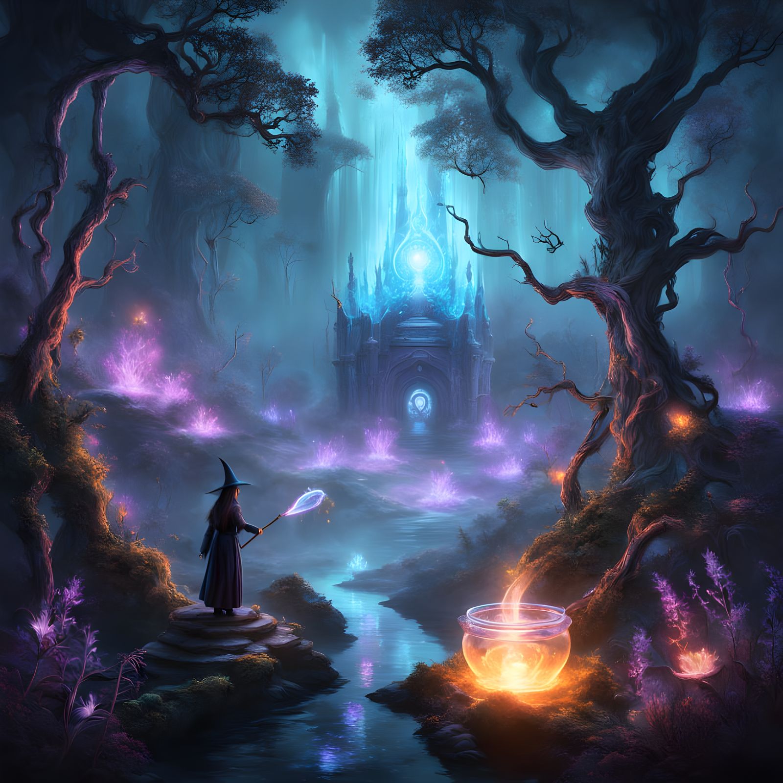 Ancient Witch in Bioluminescent Forest Digital Painting