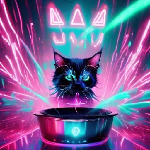 Chibi Cat Witch Brews Neon Potion in Synthwave Style