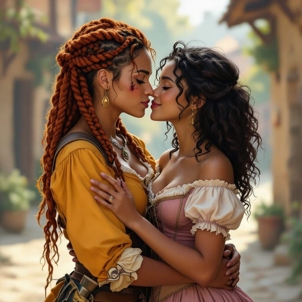 Stoic Knight and Peasant Embrace in Ethereal Light