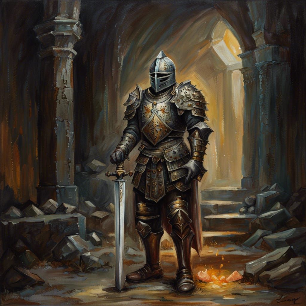 Noble Knight with Sword of Light in Dark Dungeon