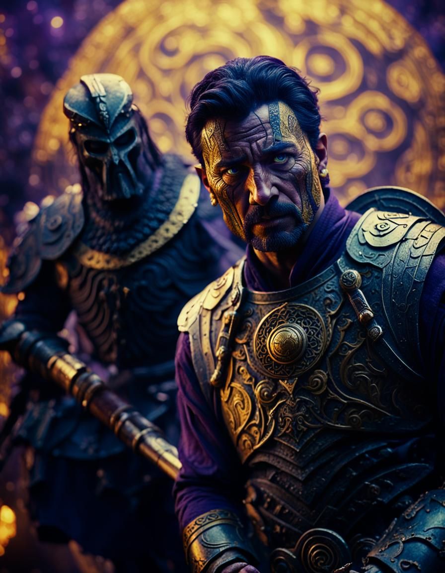 Brooding Warrior in Mystical Realm: Cinematic Film Still