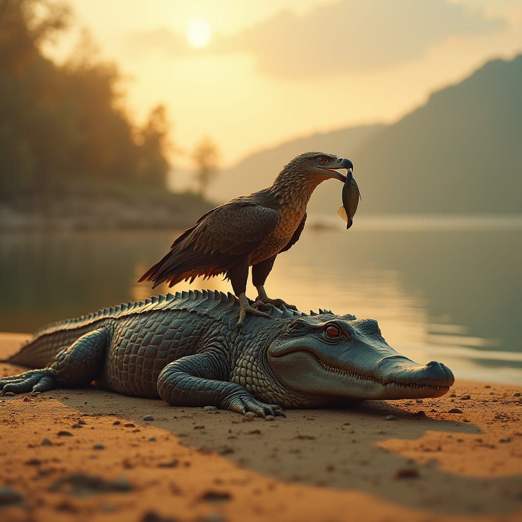 Eagle perched on Crocodile's Neck, Sunset Beach Scene in 16:...