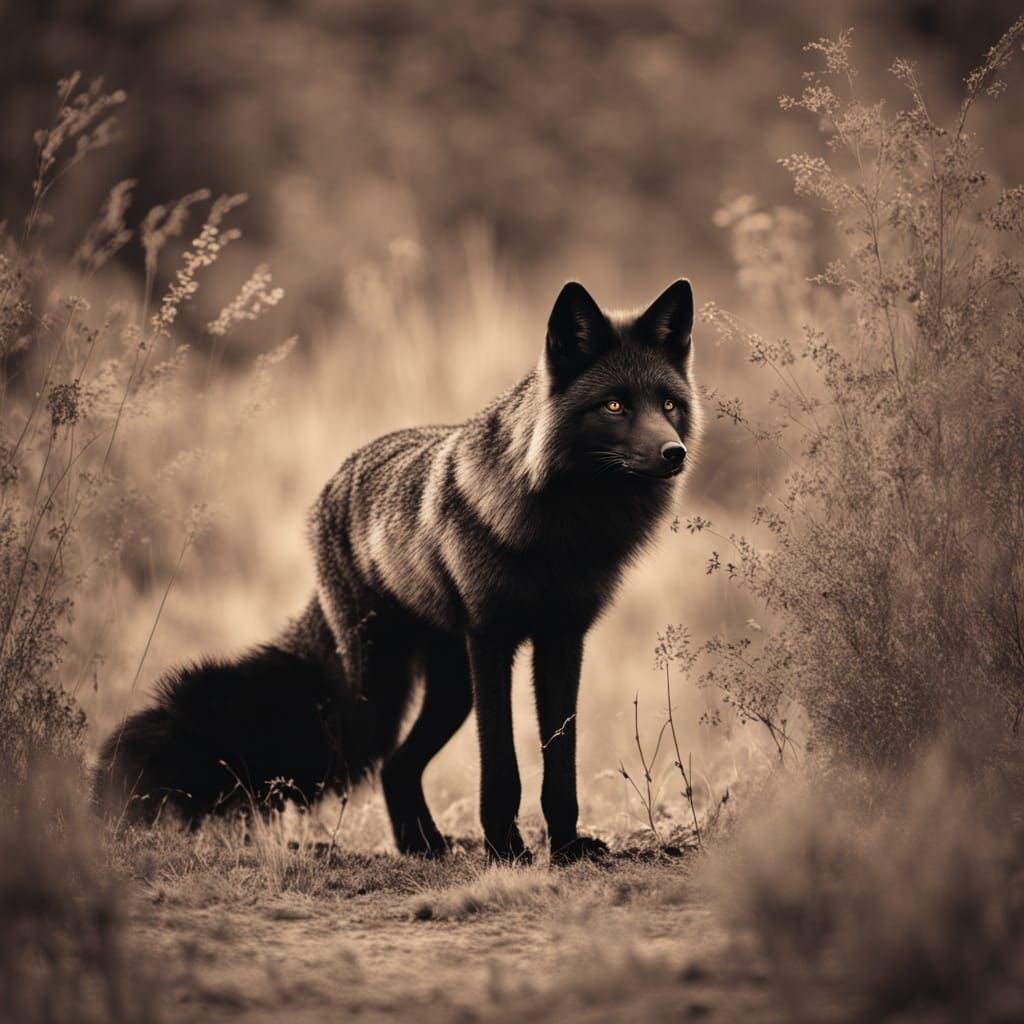 Sepia Wildlife Photography of a Fluffy Black Fox in the Wild...