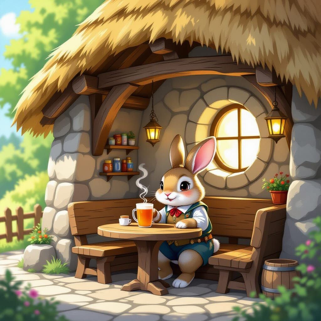 Whimsical Rabbit Enjoys Carrot Juice in Cozy Tavern