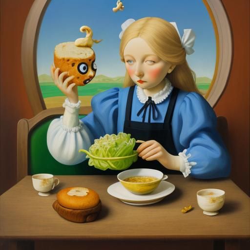 Vasilisa Feeds Doll: Surrealist Oil Painting