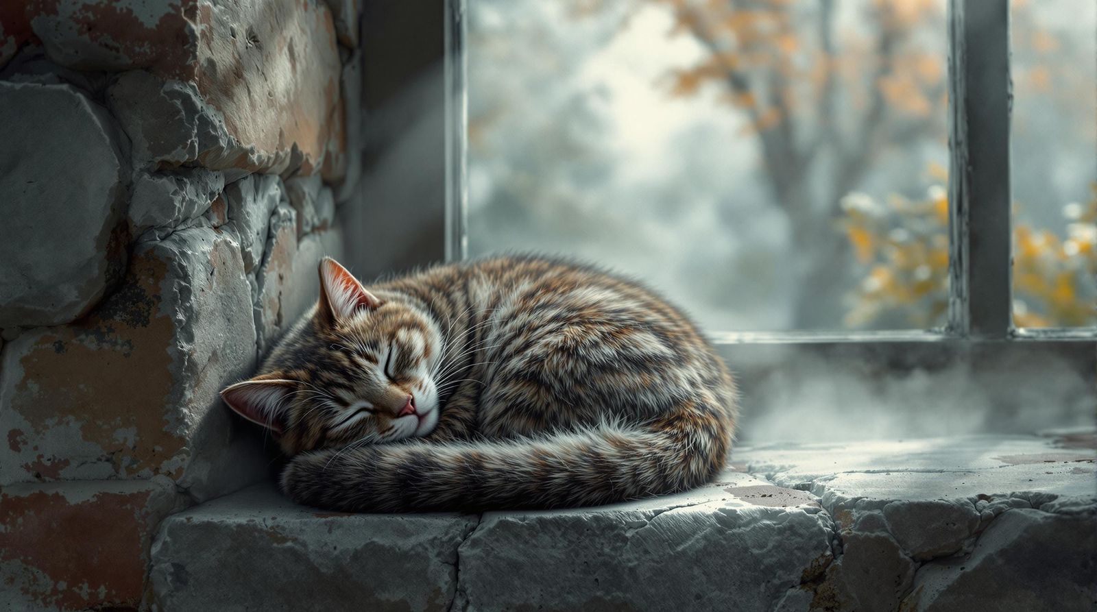 Misty Morning Cat Nap: Atmospheric Digital Painting