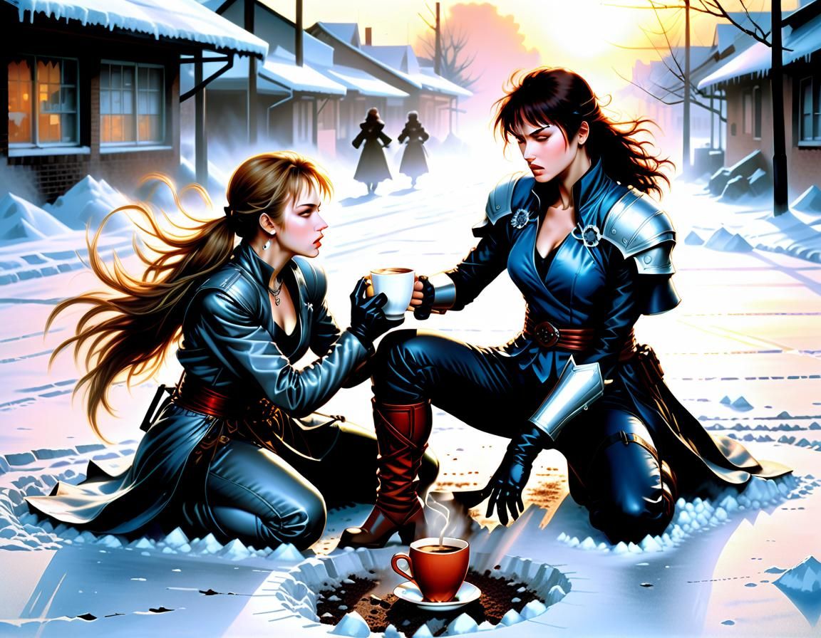 Women Fighting at Dawn in Airbrush Art Style
