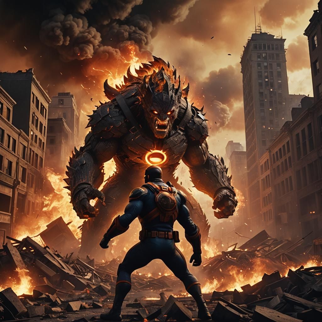 Superhero Battles Monster in Apocalyptic City