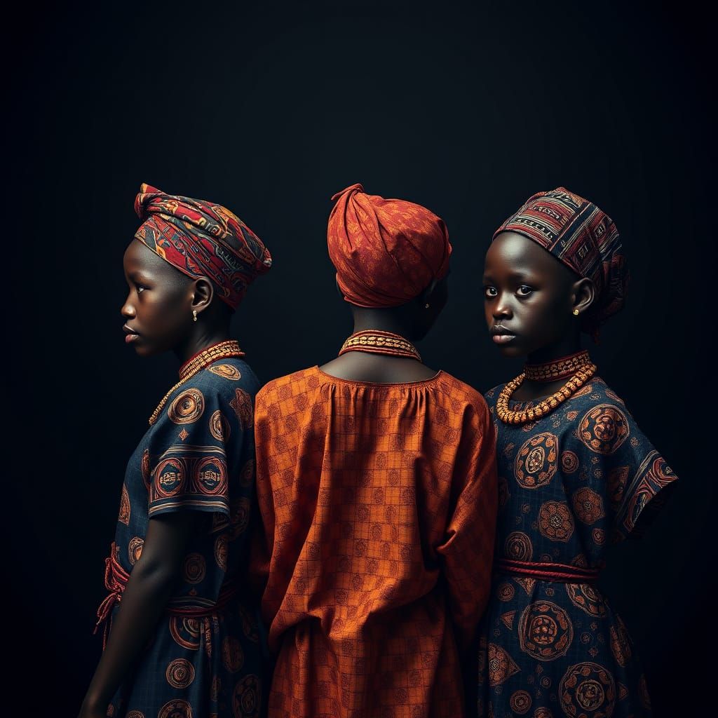 African Sisters in Traditional Attire against a Monochromati...