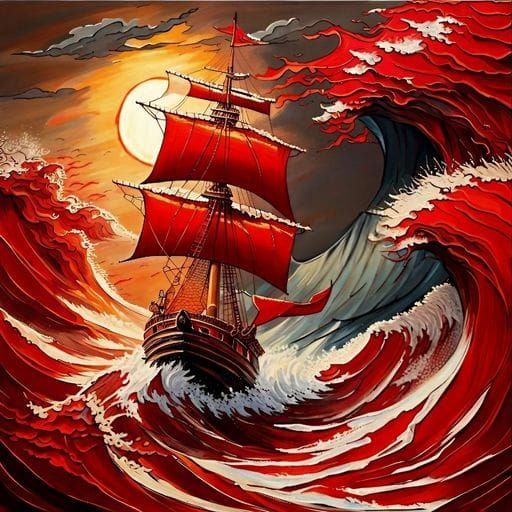 Red Sailboat Swamped by Red Waves as Oil Painting