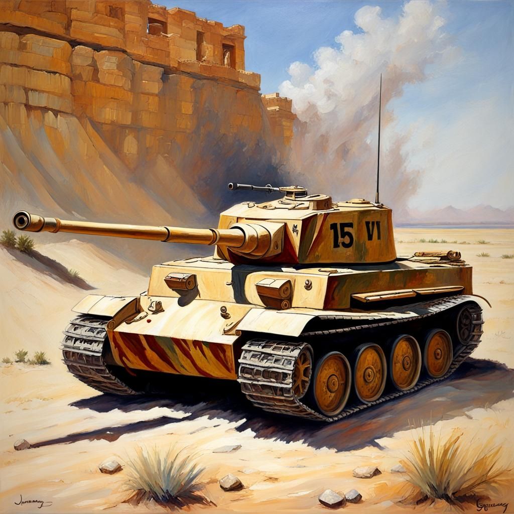 German Tiger Tank in Desert, Oil Painting