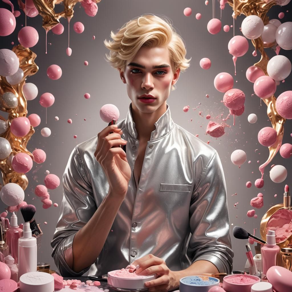 Young Man Applying Makeup: Hyper-Realistic Digital Art