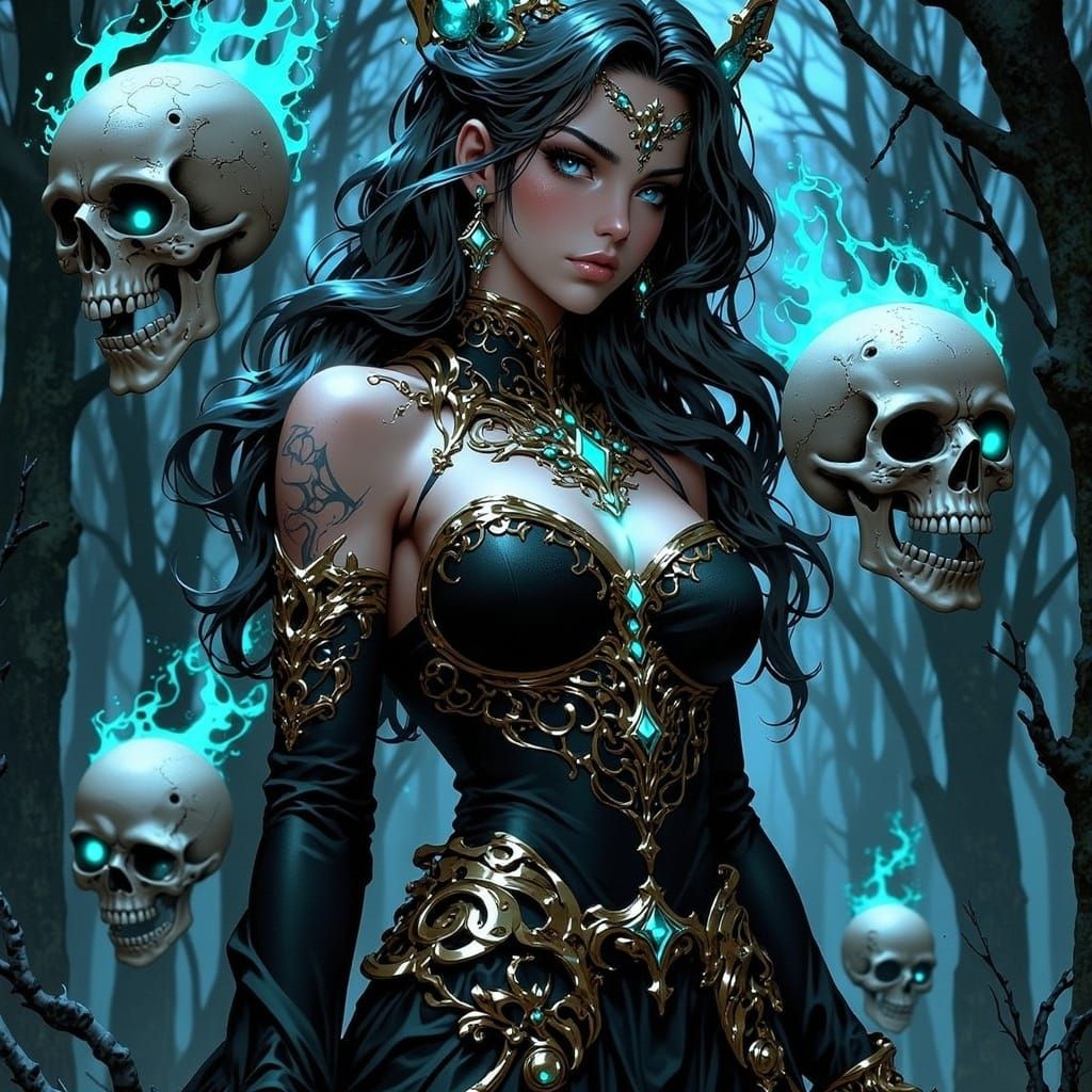 Mystical Woman with Skulls in Art Nouveau Style