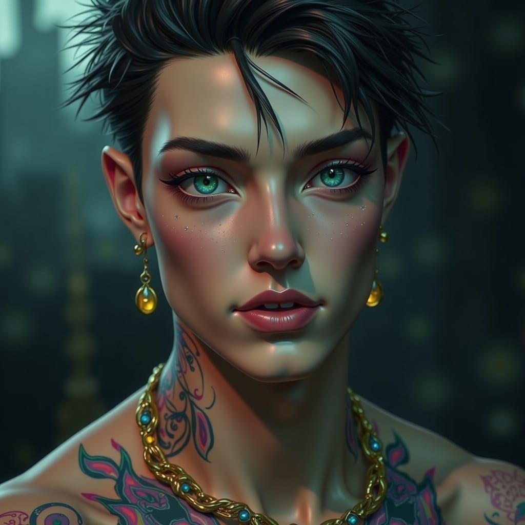 Chiseled Androgynous Fae with Vibrant Tribal Tattoos in Ethe...