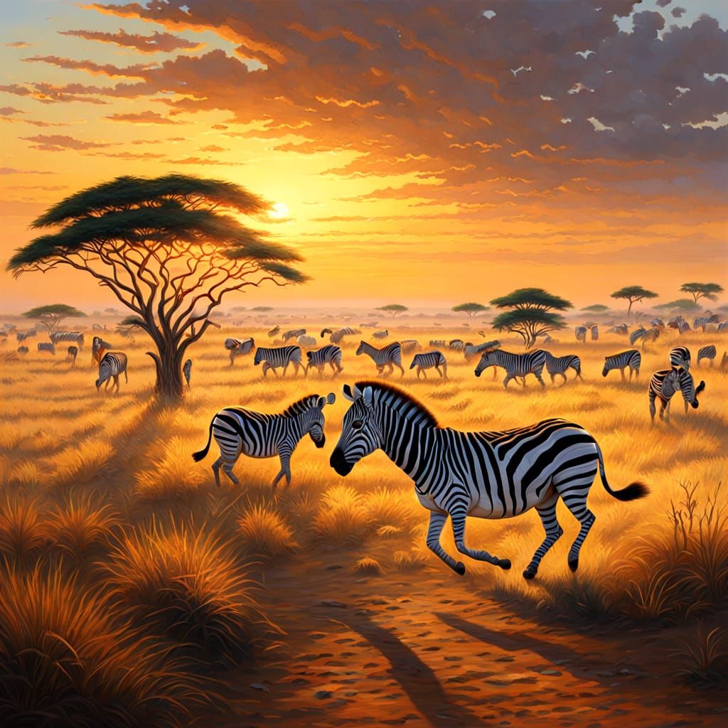 Vibrant landscape. Wide shot. A herd of zebras gallops across the African savanna at dawn. Photorealistic oil painting b...