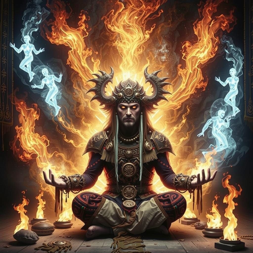 Surreal Shaman in Traditional Turkic Attire with Glowing Eye...