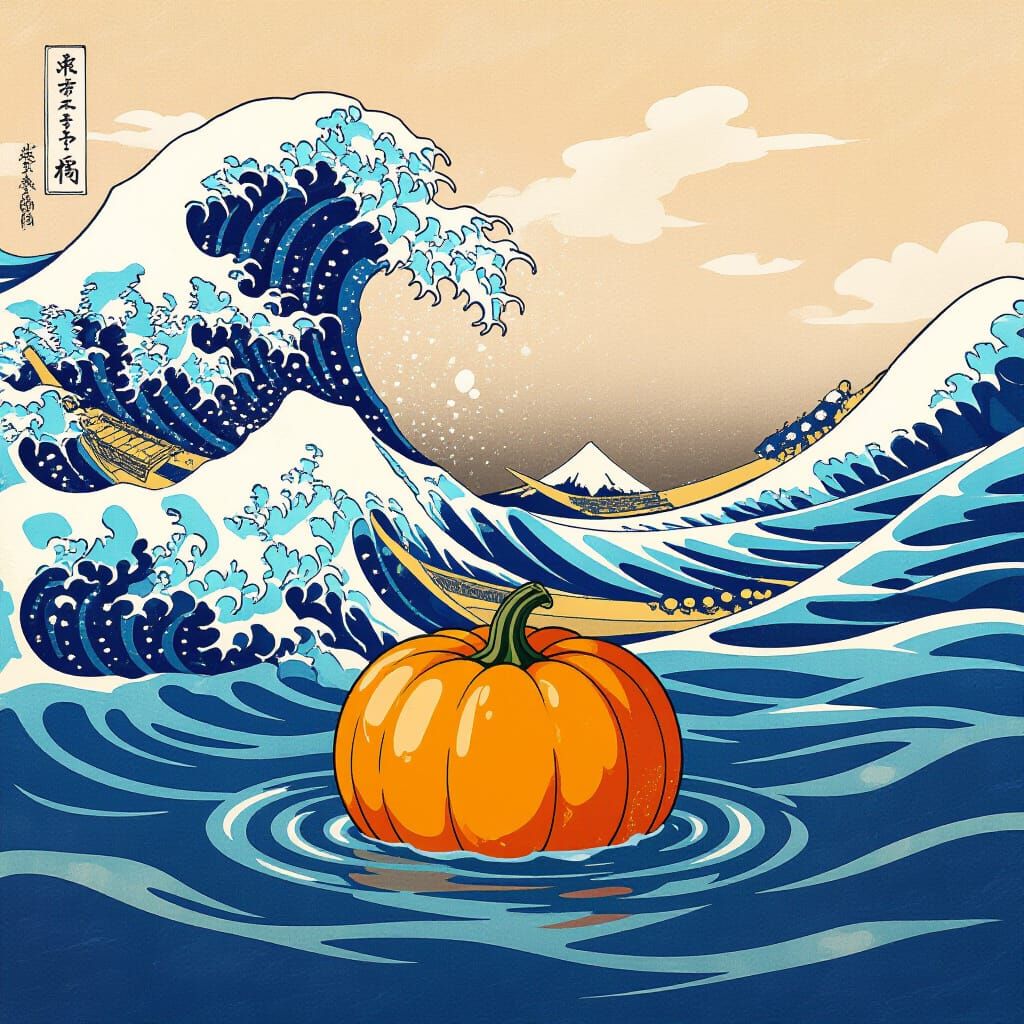 Lone Pumpkin Drifting on a Hokusai-Inspired Ocean