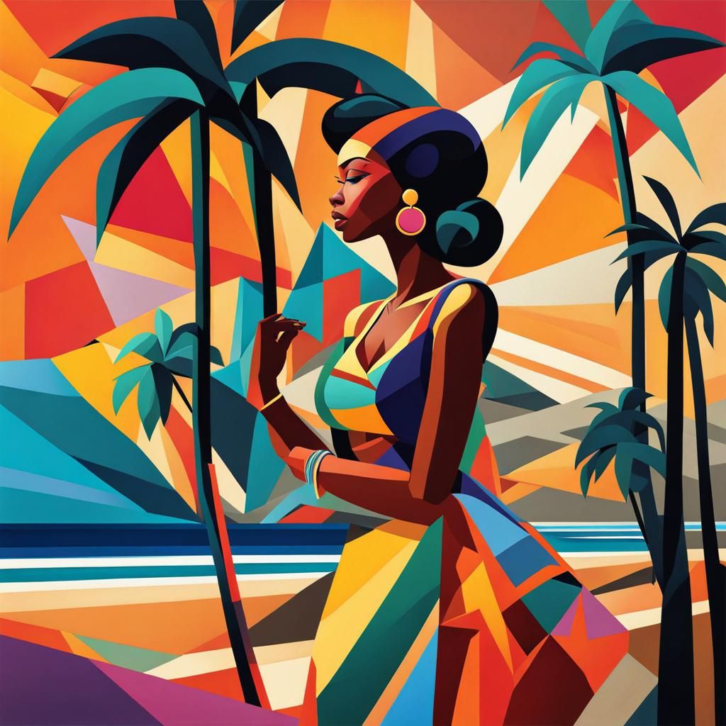 Abstract Woman on Beach in Cubist Art Deco Style
