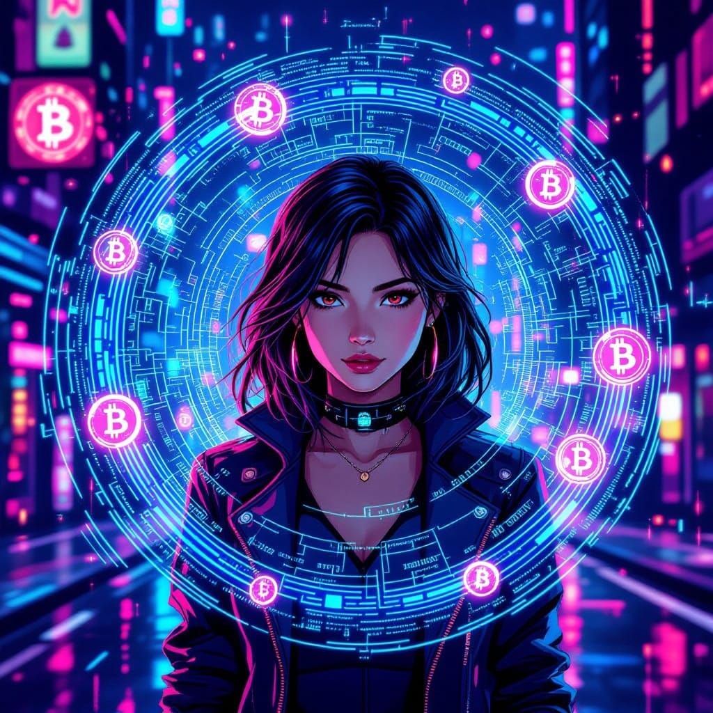 Anime Crypto Currency Goddess in a Neon Cityscape