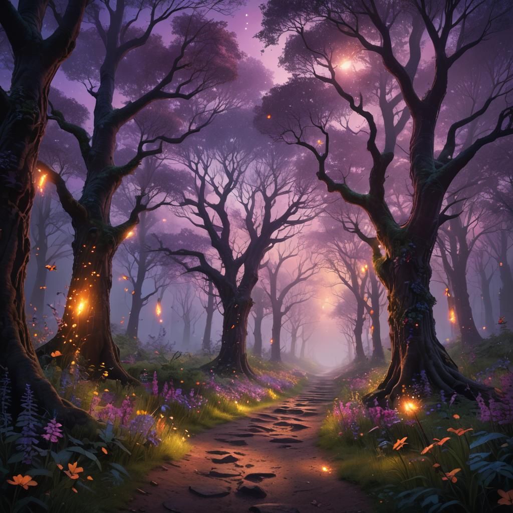 Mystical Forest Path with Bioluminescent Plants