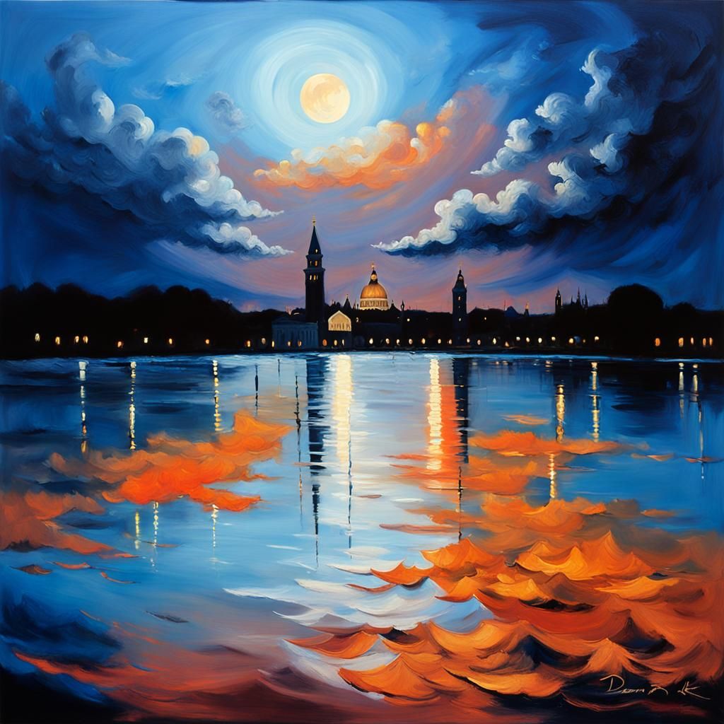 St. Mark's Basilica Under Fiery Moon, Oil Painting