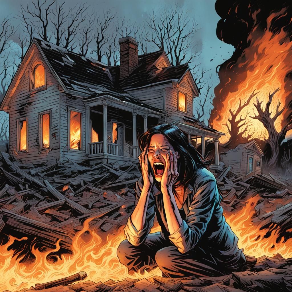 Distraught Woman Before Burning House: Comic Book Art