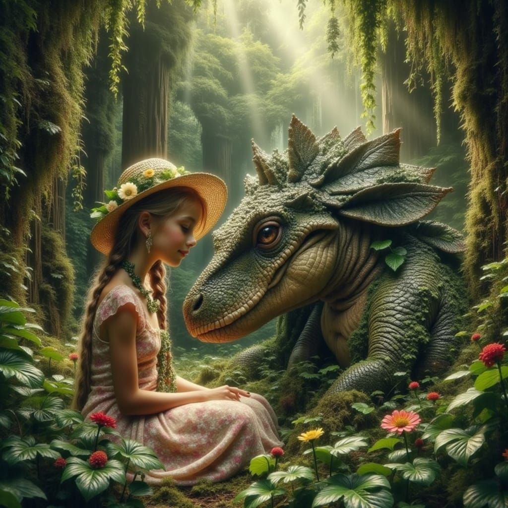 Princess and Dinosaur in Art Nouveau Style