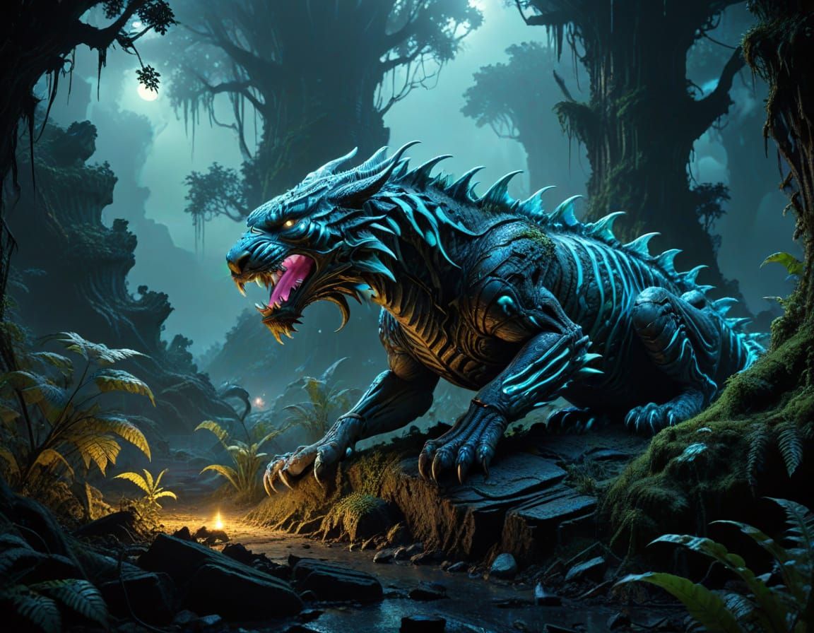 Hyperrealistic Alien Dragon in a Mystical, Glowing Forest