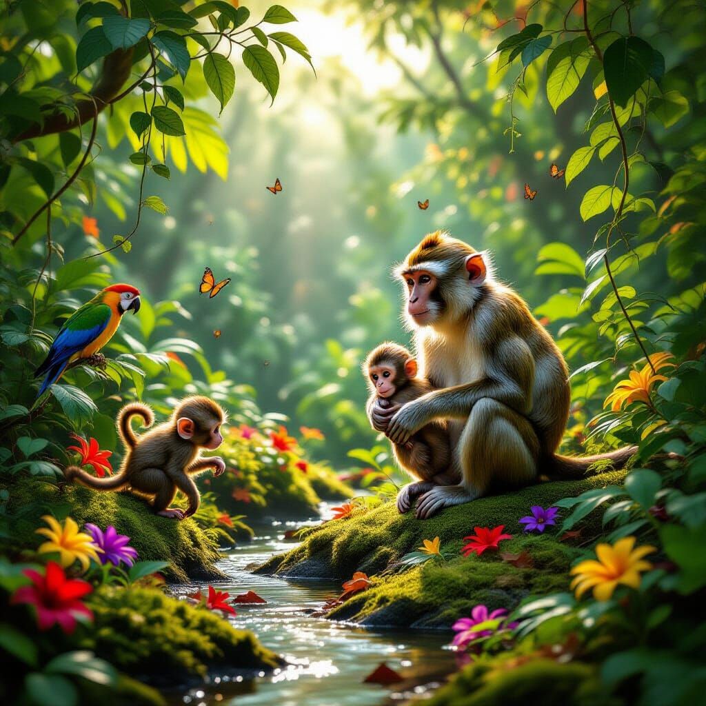 Monkeys in Sun-Dappled Jungle Clearing