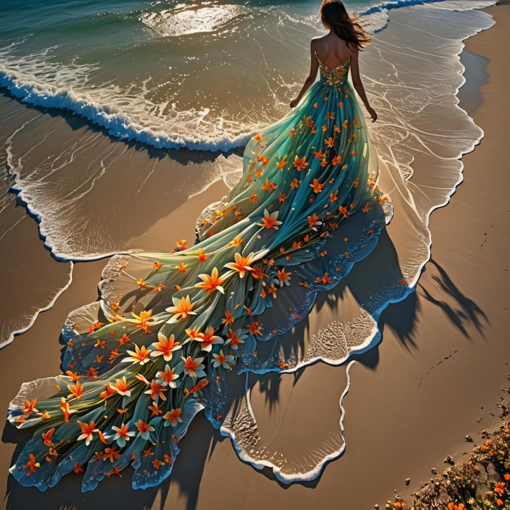Luminous Flower Dress Walking on Ocean Surf