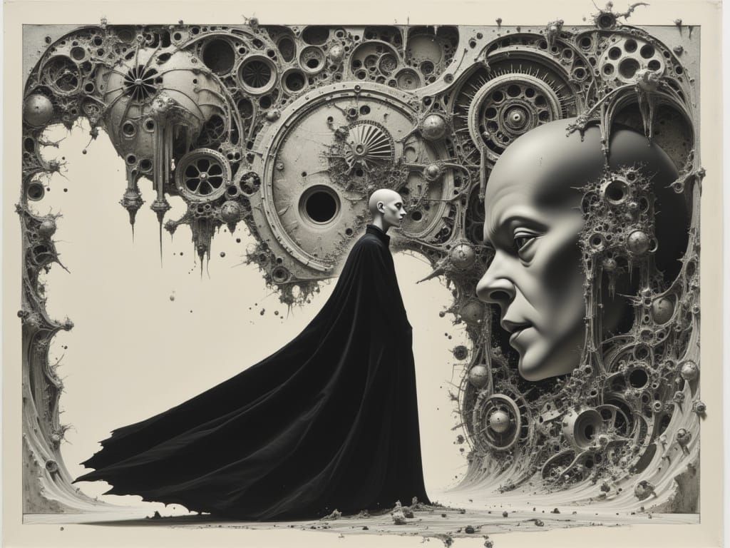 Monochromatic Humanoid in Mechanical Landscape, Dark Oil Pai...