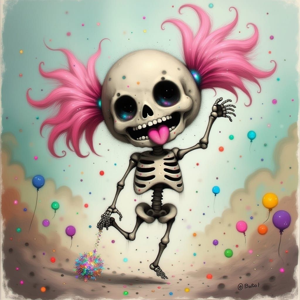 Whimsical Skeleton with Pink Hair-Ties Leaps in Joyful Confe...