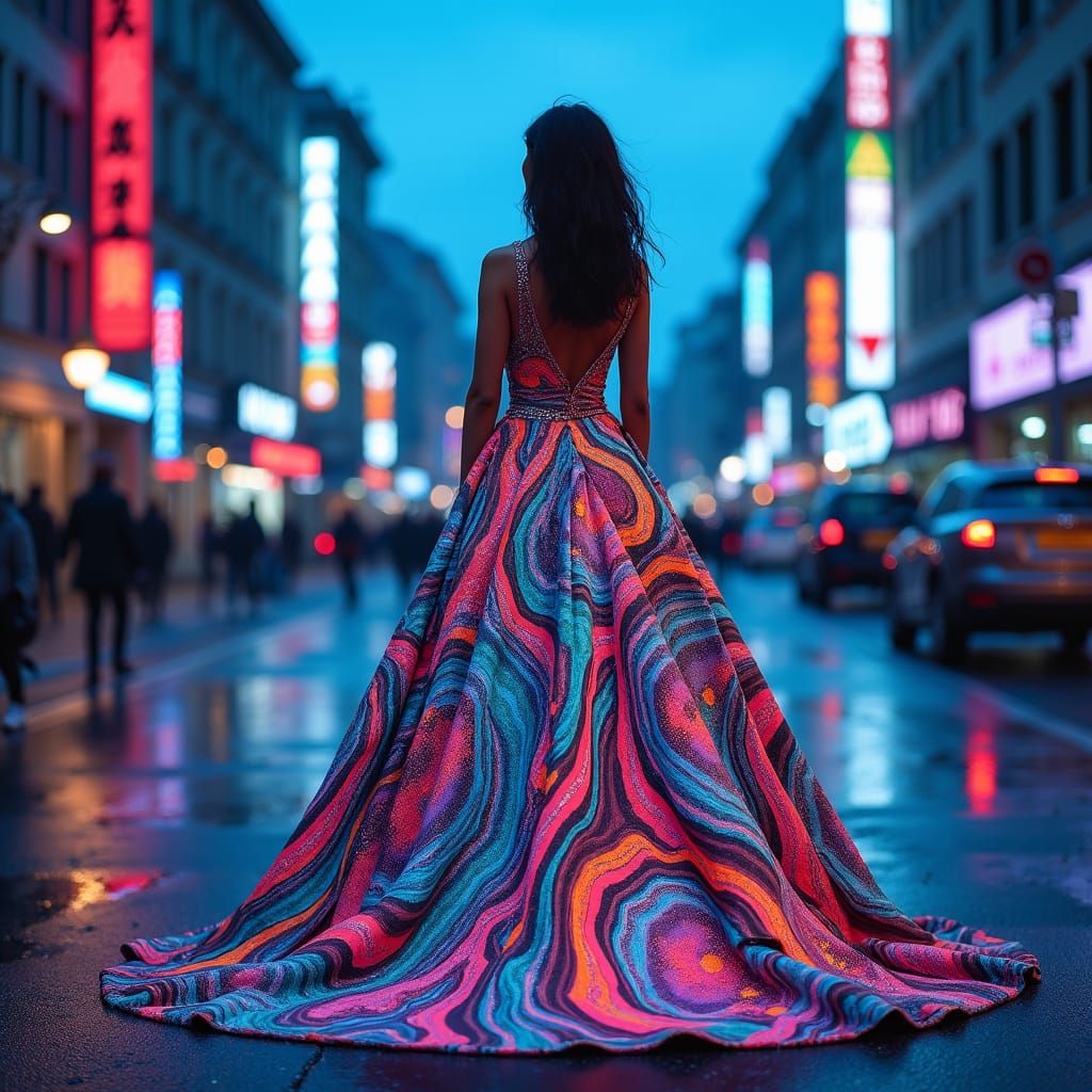 Iridescent Gown in Graffiti Cyberpunk Cityscape