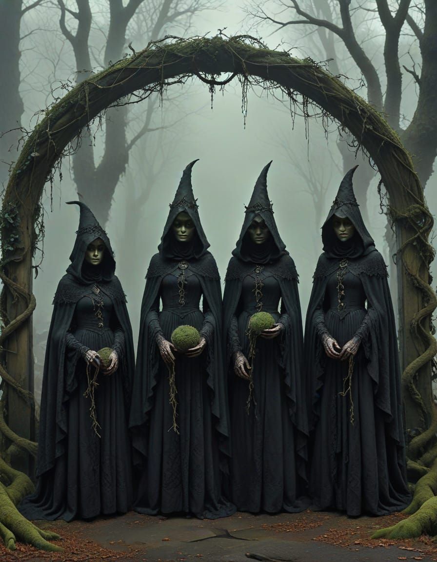 Surreal 18th Century Stone Wall Scene with Witches and Twist...