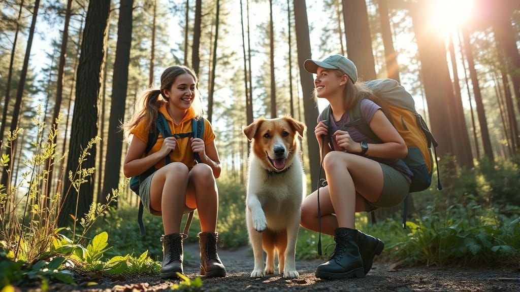 College Girls Backpacking in Sunny Woods with Dog