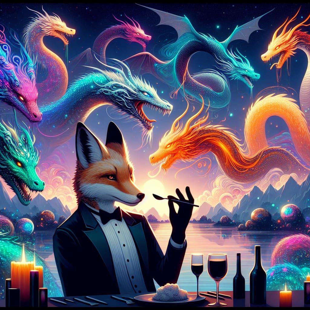 Fox at Dragon Dinner Party in Fantasy Landscape