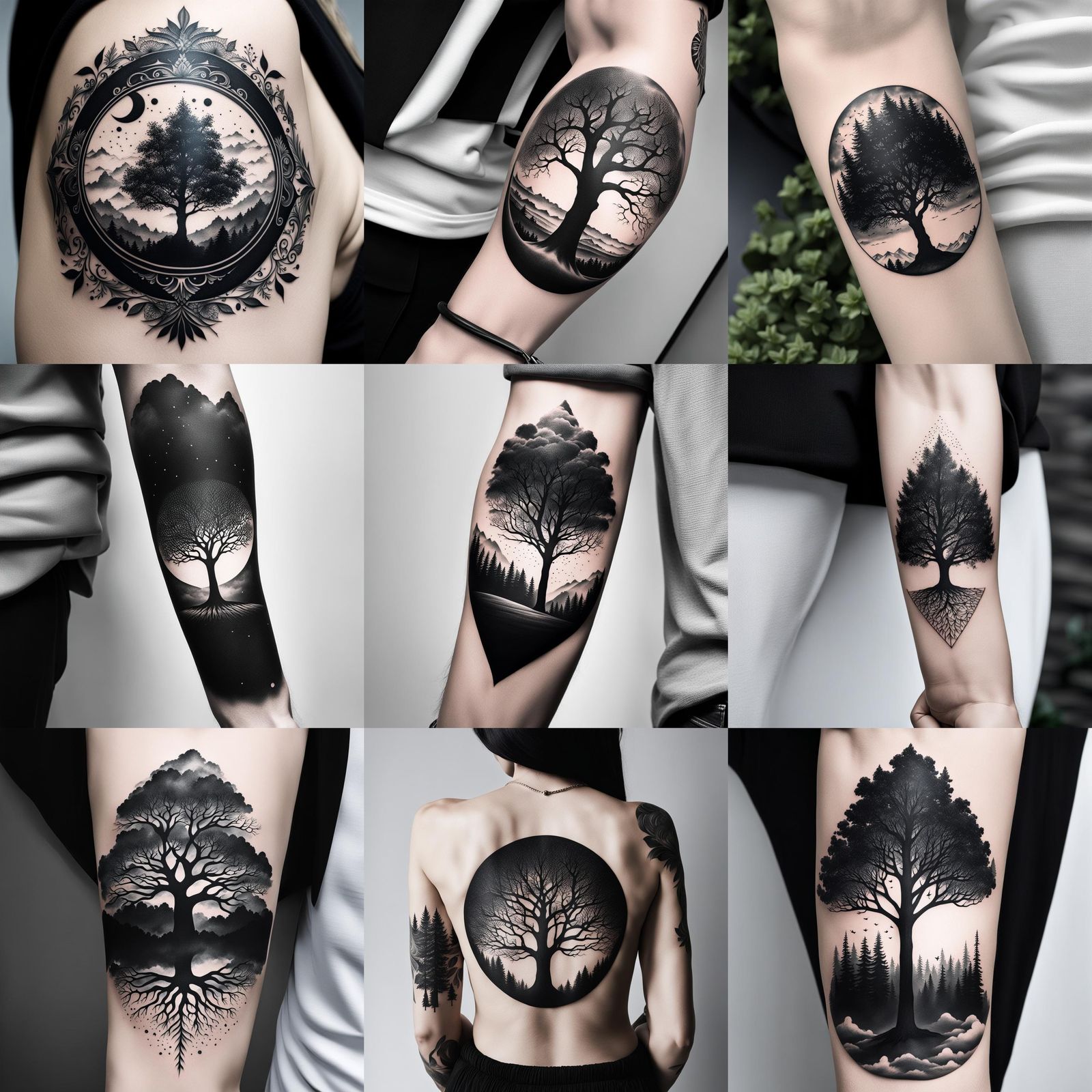 Monochromatic Arm Tattoo with Tree and Sky