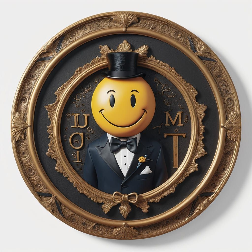 Charismatic Smiley Face in Tuxedo with Elegant Plaque