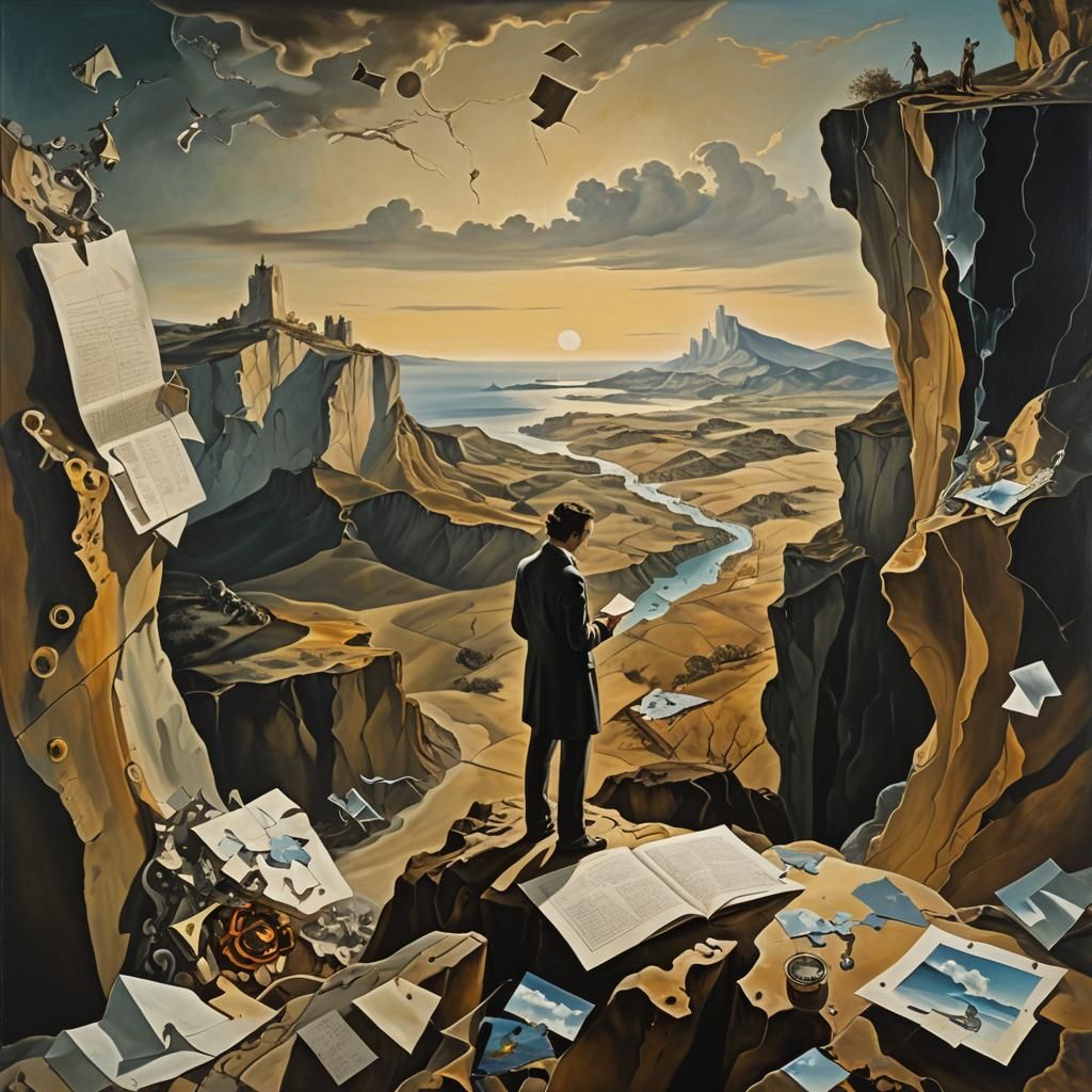 Surreal Cliffside Scene in Oil Painting Style