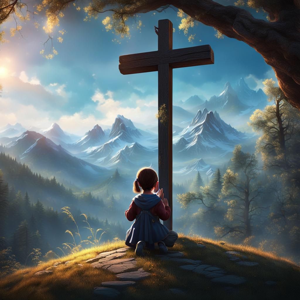 Girl Praying Silhouette at Cross, Detailed Matte Painting