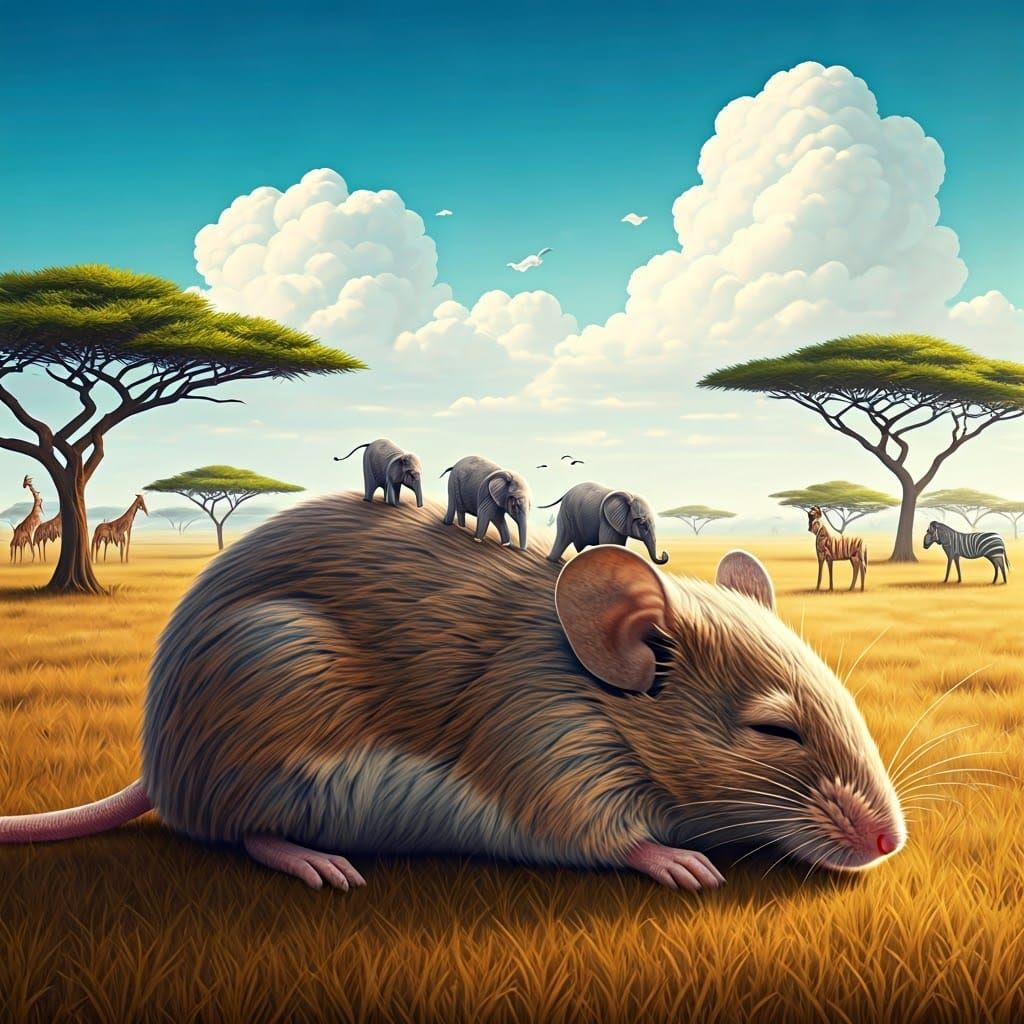 Surreal African Savanna Scene with Whimsical Creatures in Dr...