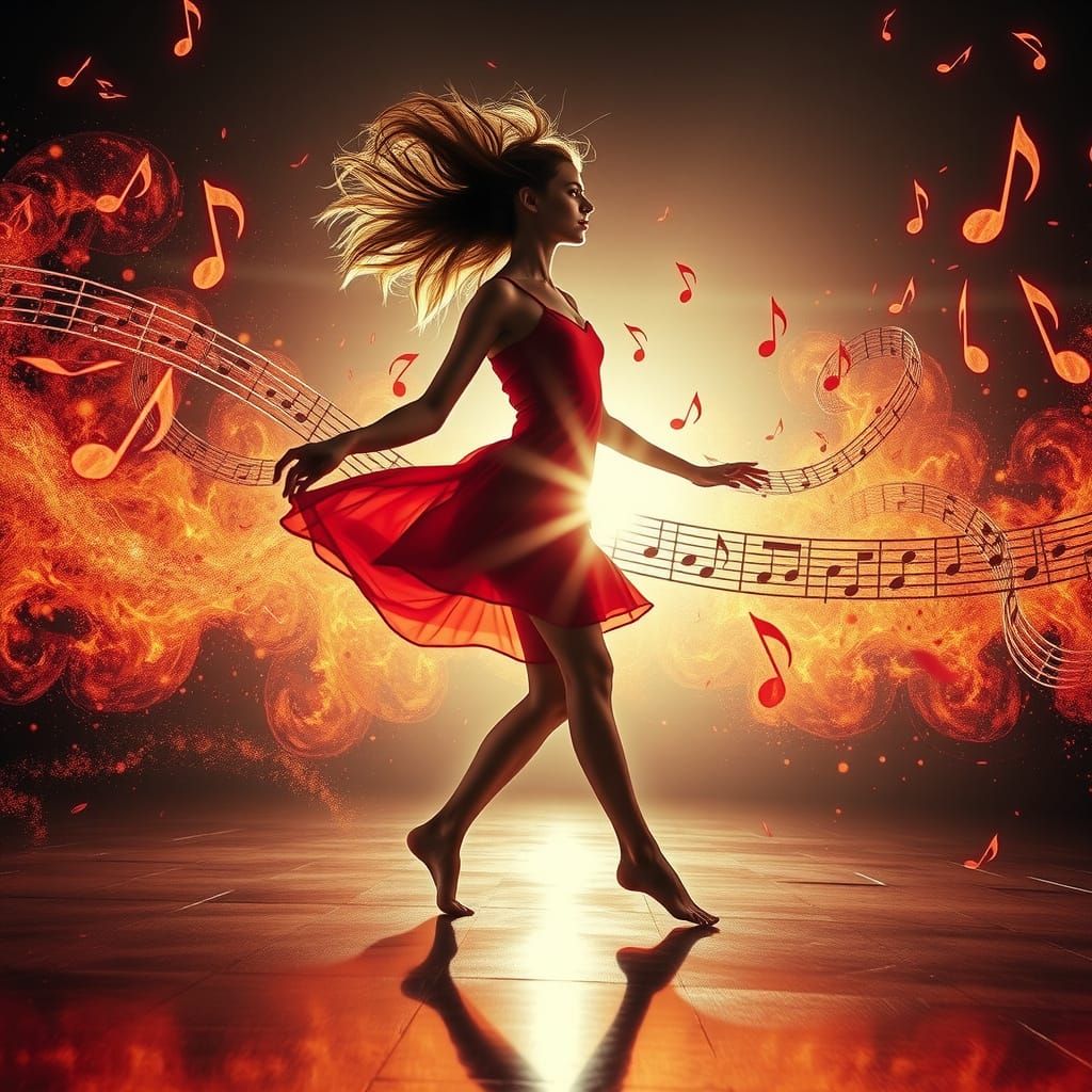 Dancing Goddess in Radiant Red, Swirling Music Vortex
