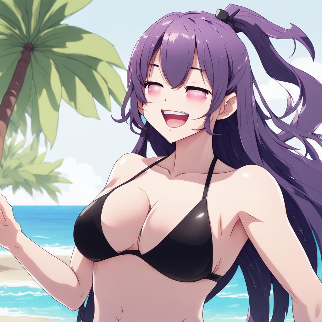 Anime Girl with Purple Hair on Beach