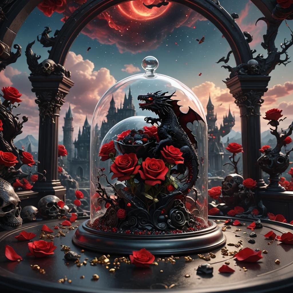 Sugar Rose Dragon in Glass Dome, Fantasy Art