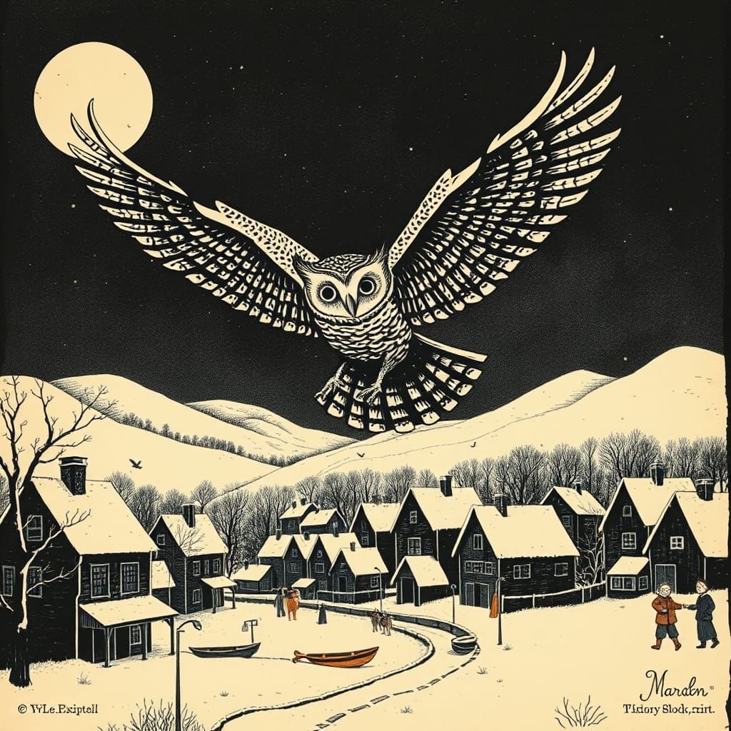 Owl Soaring Over Snowy Town in Woodcut Style